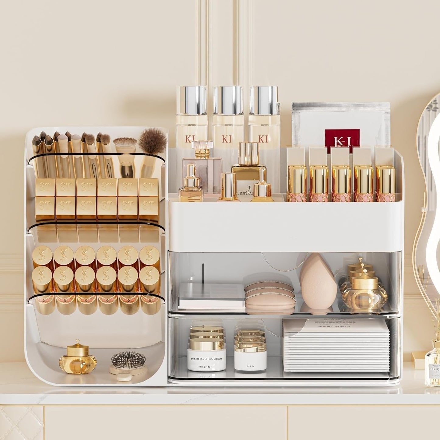 Booklov Makeup Organizer for Vanity, Countertop Cosmetic Display Case with Clear Acrylic Drawers, Bathroom Counter Beauty Caddy, Cute Table Storage Holder for Skincare, Brush Lipsticks, Crystal White