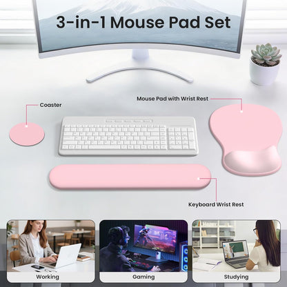 AKIT Ergonomic Mouse Pad and Keyboard Wrist Rest Set, Gel Memory Foam Wrist Rest with Non-Slip Base, 3-in-1 Mousepad Set for Pain Relief, Desk Accessories for Gaming, Home, Office(Black)