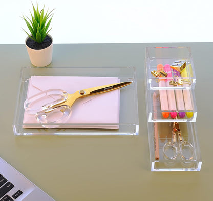 Clear Acrylic Desk Organizer for Office or Home Desk Drawer Dividers, Makeup Vanity Storage Bins, Stackable 4-Pack, Acrylic Accessory and Half Accessory Tray/Small Tray