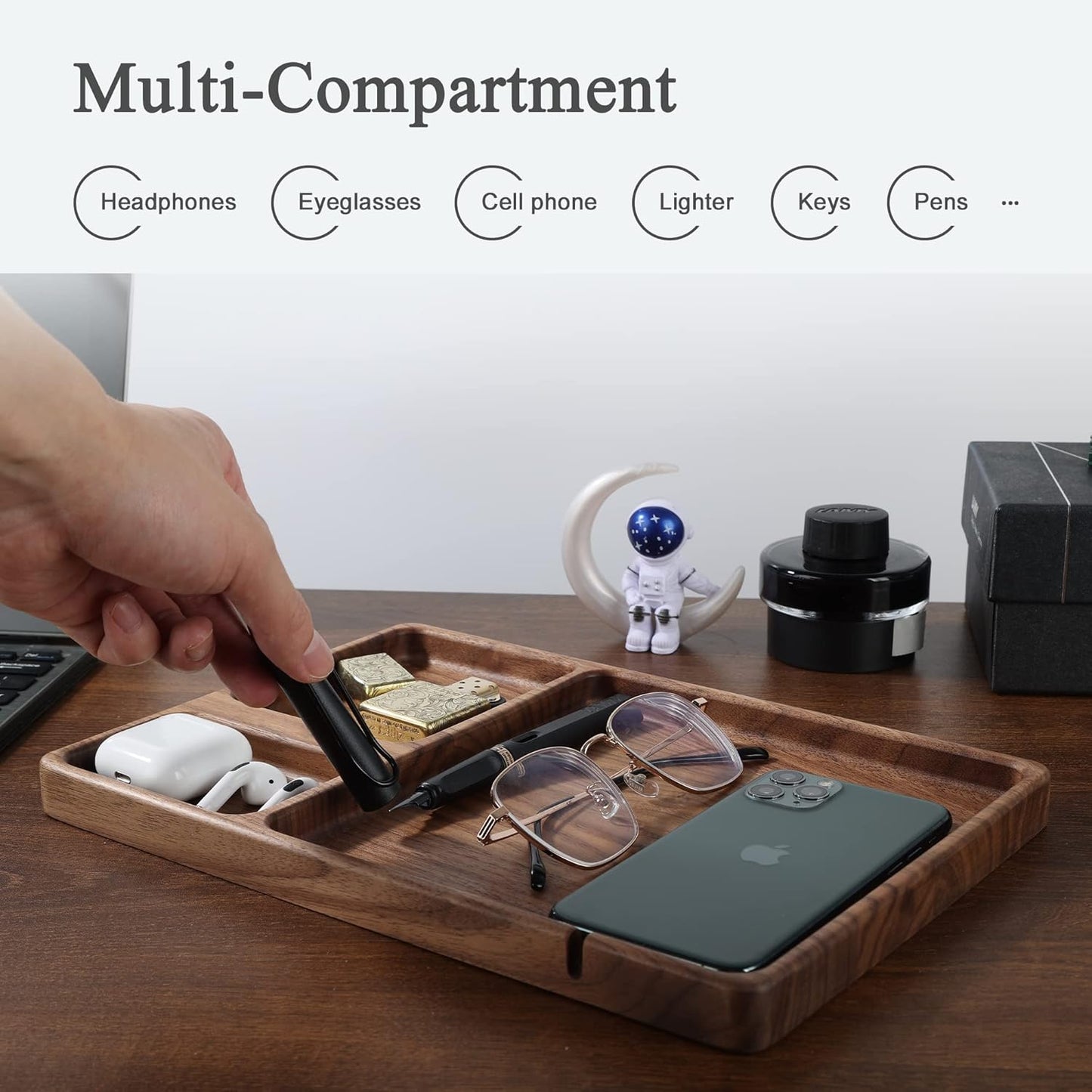 Walnut Wooden Valet Tray – Bedside Table Organizer for Men Dad, Edc Catch All Tray with Cable Slot (11.4 x 7.9 x 0.8 Inch)