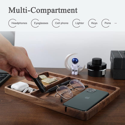 Walnut Wooden Valet Tray – Bedside Table Organizer for Men Dad, Edc Catch All Tray with Cable Slot (11.4 x 7.9 x 0.8 Inch)