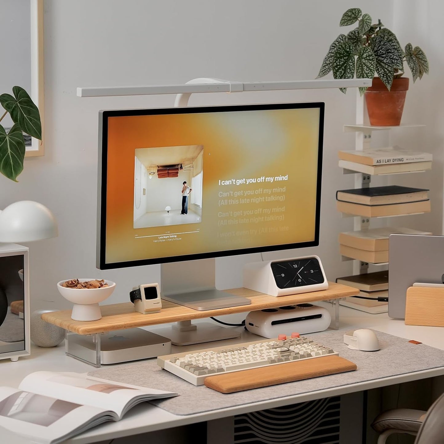 Bamboo Monitor Stand Riser with Acrylic Legs for Desk, 31.5 Inches Desktop Shelf Supports for PC Computer Monitor, Laptops, Printer, Speakers (White)