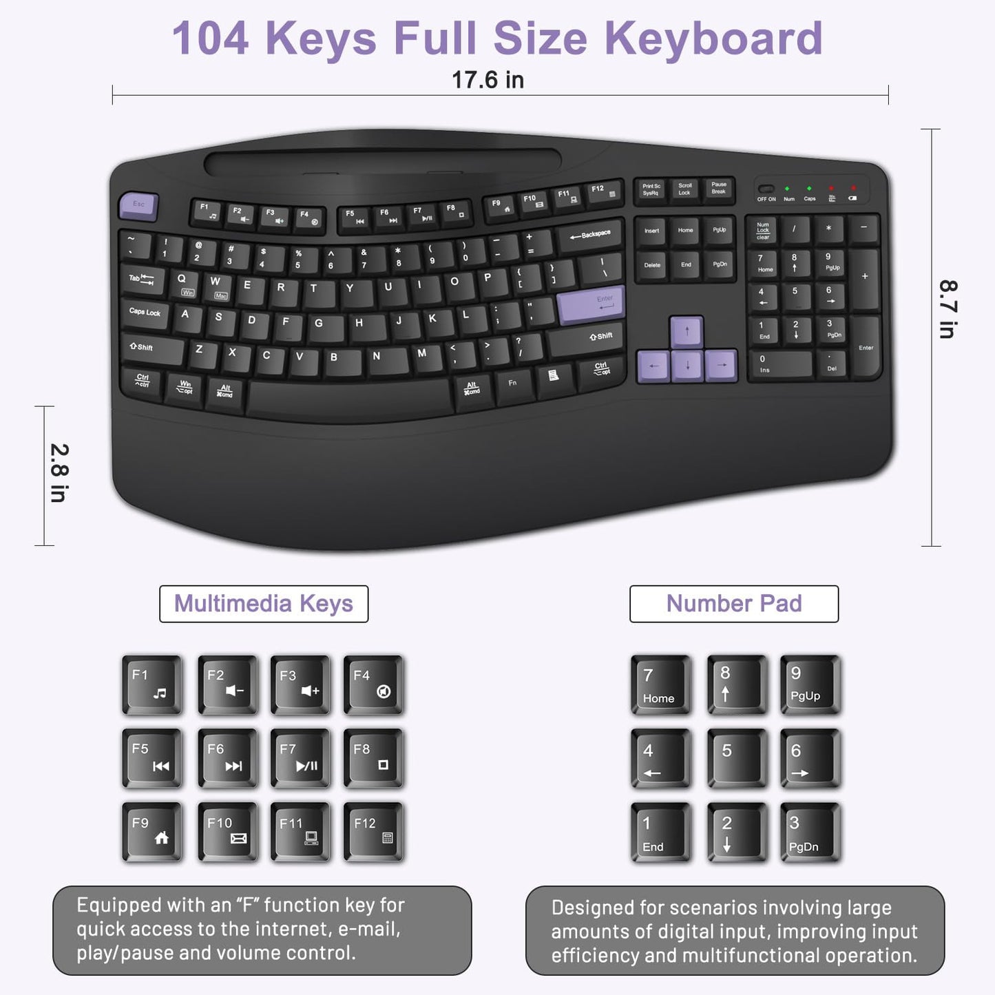 Wireless Keyboard and Mouse Combo, 2.4G Full Size Wave Keys Ergonomic Keyboard with Wrist Rest, Phone Holder, 3-Level DPI Wireless Silent Mouse with 6-Buttons, for Windows, Mac OS, Laptop, PC (Black)