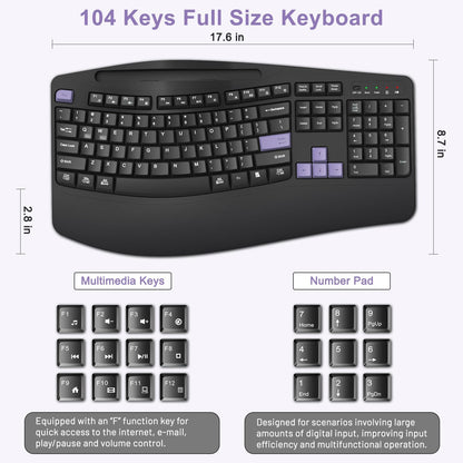 Wireless Keyboard and Mouse Combo, 2.4G Full Size Wave Keys Ergonomic Keyboard with Wrist Rest, Phone Holder, 3-Level DPI Wireless Silent Mouse with 6-Buttons, for Windows, Mac OS, Laptop, PC (Black)