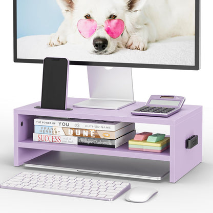 BONTEC Wooden Monitor Stand Riser, 2-Tier Desk Shelf with Storage Organizer, Ergonomic Computer Stand with Cable Management, Cellphone Holder, White, 16.5 Inch