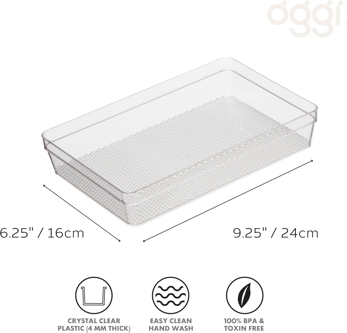 Oggi Set of 5 Clear Drawer Organizers - (1) 3x6.25, (2) 3x9.5, (2) 3x12.5 - Ideal for Organizing Kitchen Drawers, Office, Desk, Silverware, Kitchen Utensils, Cosmetics and Bathrooms