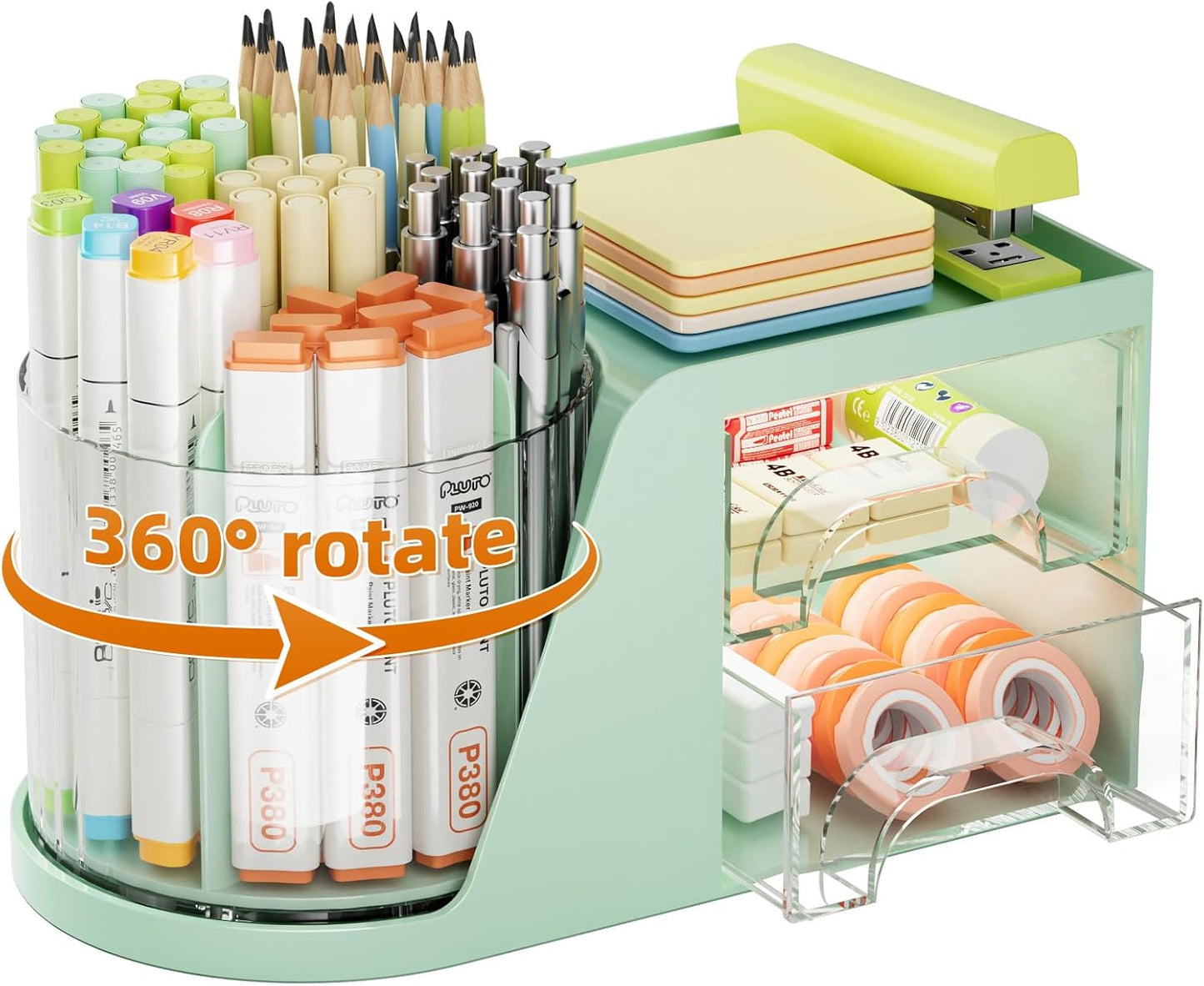 Marbrasse Desk Organizer with 2 Drawer, 360°Rotating Pen Holder, Desk Organizers and Accessories with 6 Slots Pencil Organizer + 2 Drawer, Art Supply Storage Box Caddy for Office (White)