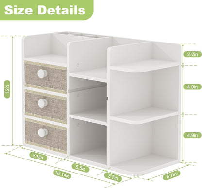 Large Makeup Organizer For Vanity, Large Capacity 3 Tiers Bamboo Bathroom Counter Organizers and Storage, Countertop Makeup Brush Holder, Nail Polish Perfume Stand with 3 Drawers and 10 Compartments