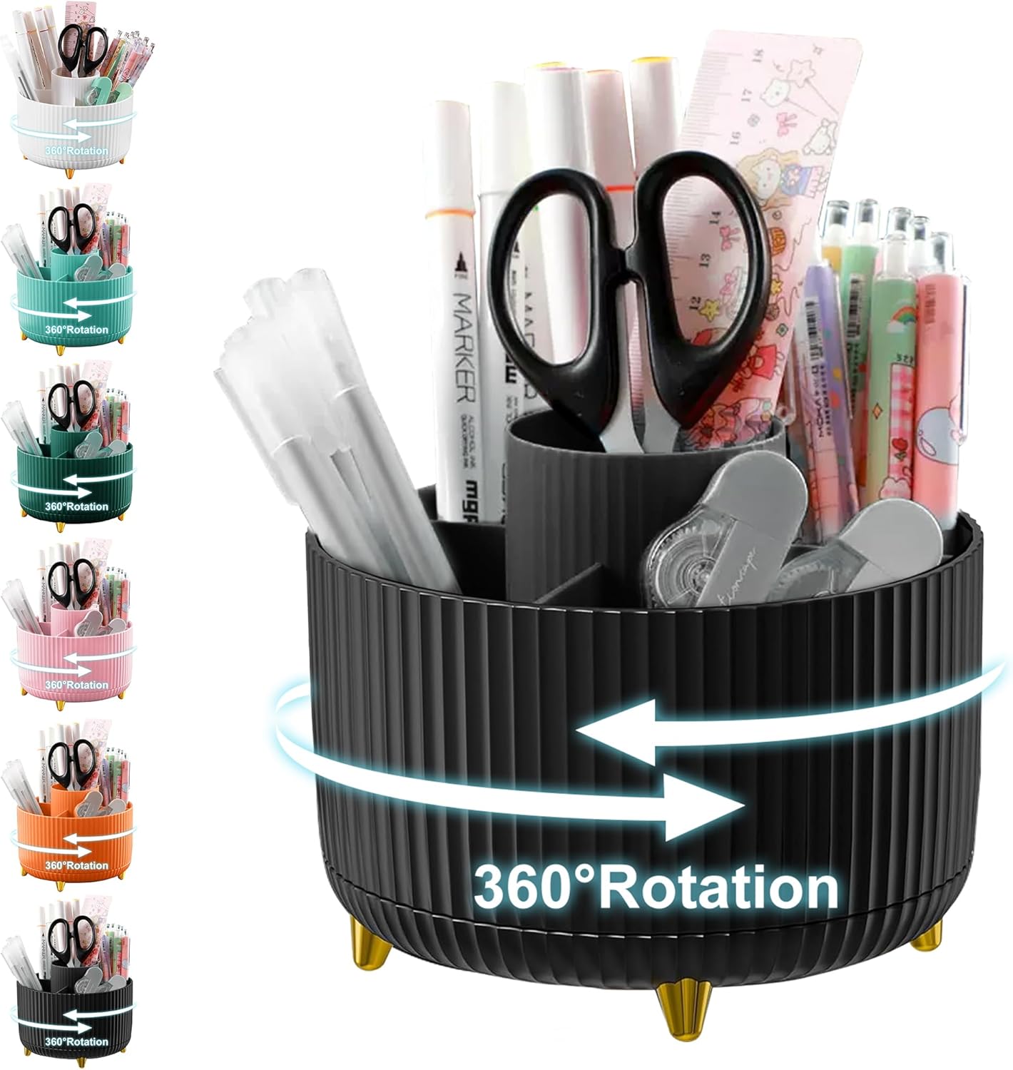 Cayxenful Pencil Holder For Desk,5 Slots 360°Degree Rotating Desk Organizers And Accessories,Desktop Storage Stationery Supplies Organizer, Cute Pencil Cup Pot For Office, School, Home (B-White)