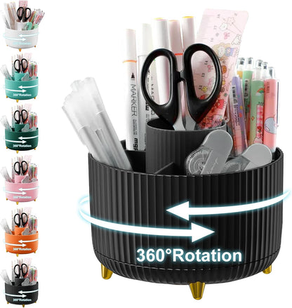 Cayxenful Pencil Holder For Desk,5 Slots 360°Degree Rotating Desk Organizers And Accessories,Desktop Storage Stationery Supplies Organizer, Cute Pencil Cup Pot For Office, School, Home (B-White)