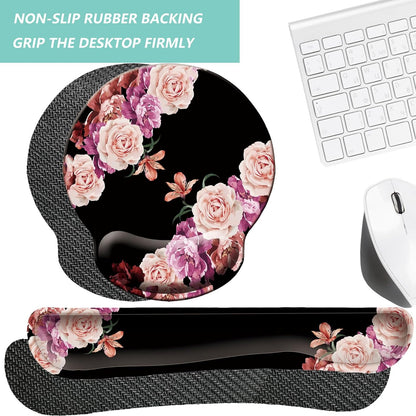 Keyboard Wrist Rest Pad Mouse Pad with Wrist Support Set of 3, Mousepad with Non-Slip Rubber Base, Ergonomic Memory Foam Mouse Wrist Cushion Support for Home Office Laptop Computer, Flower Black