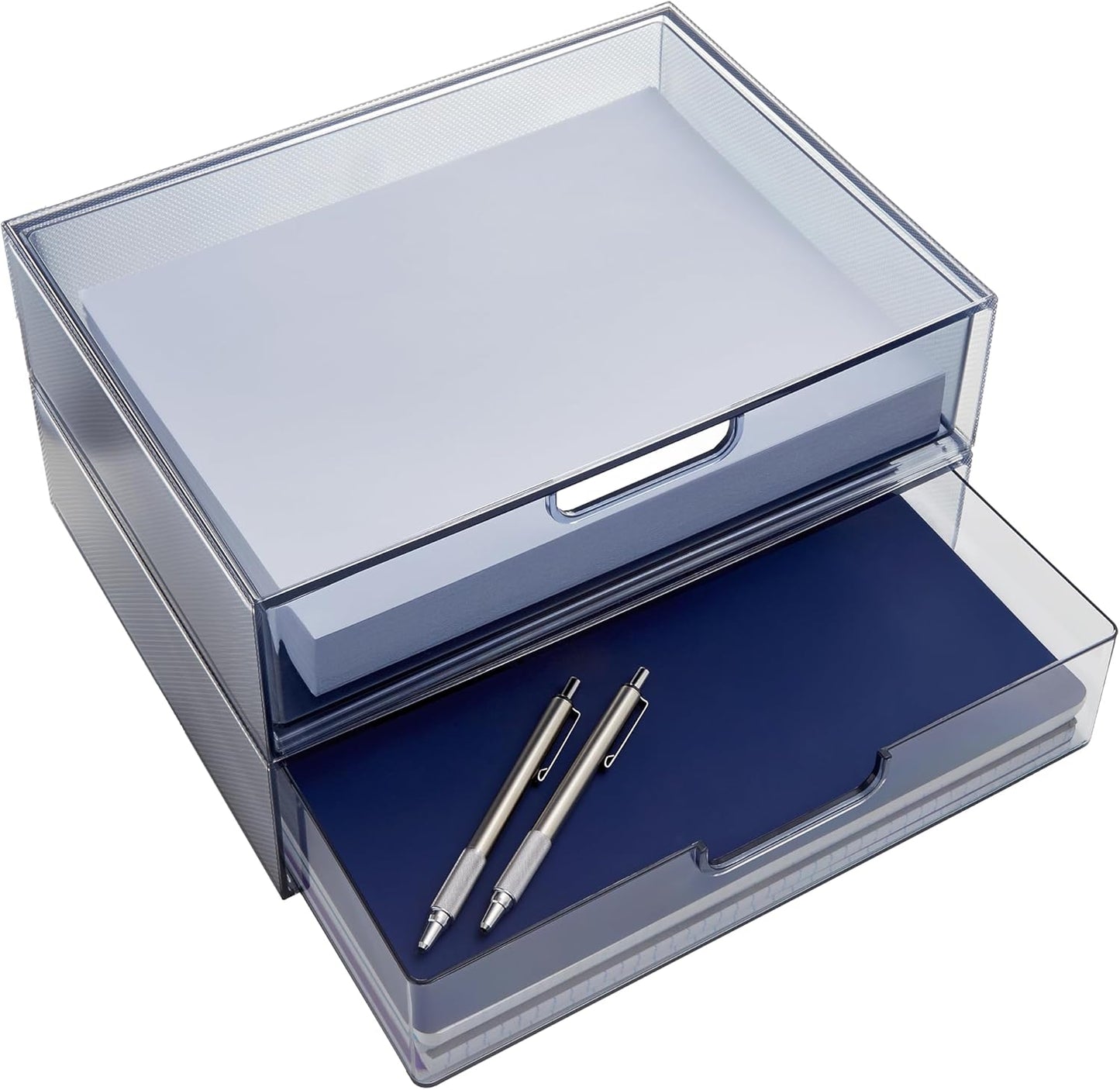 STORi STAX Plastic Stackable Organizer Drawers (Set of 2) Clear | 12.5" Wide | Set Includes Two Open Drawer | Organize Office Desk Accessories & Sort Paper | Made in USA