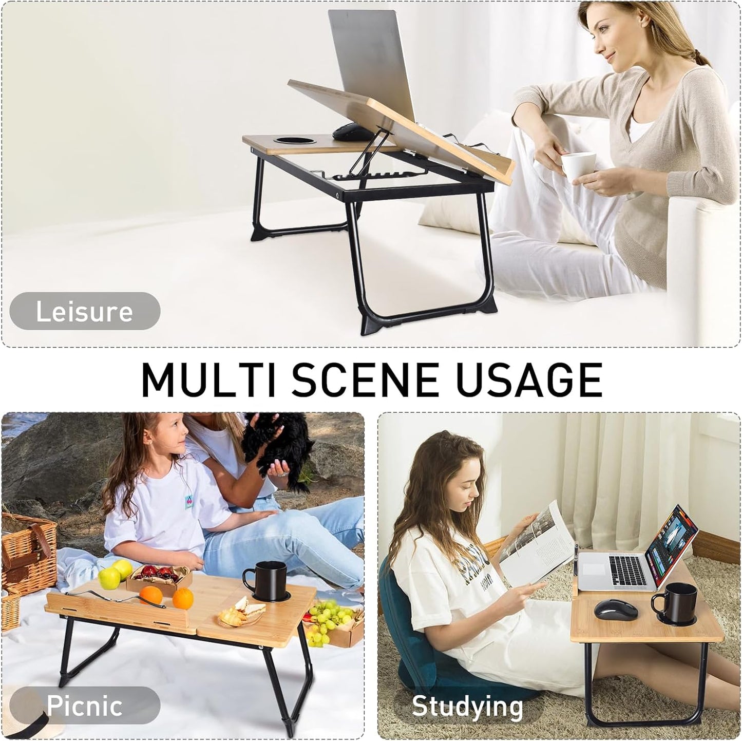 wishacc Book Stand for Reading in Bed, Laptop Stand Adjustable Book Holder Tray with Page Paper Clips Multi Angles Adjustable Cooking Bookstands for Textbook Recipe Magazine Tablet Portable