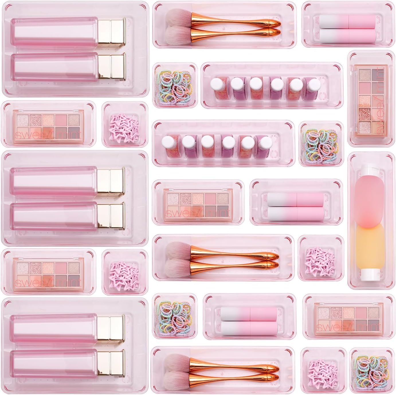 Clear Acrylic Drawer Organizers Set Storage for Makeup, Office Desk Small Vanity Trays for Drawer Bathroom Plastic Make up Organizers 25 Pcs