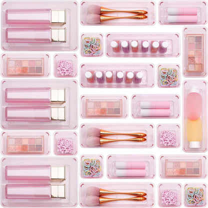 Clear Acrylic Drawer Organizers Set Storage for Makeup, Office Desk Small Vanity Trays for Drawer Bathroom Plastic Make up Organizers 25 Pcs