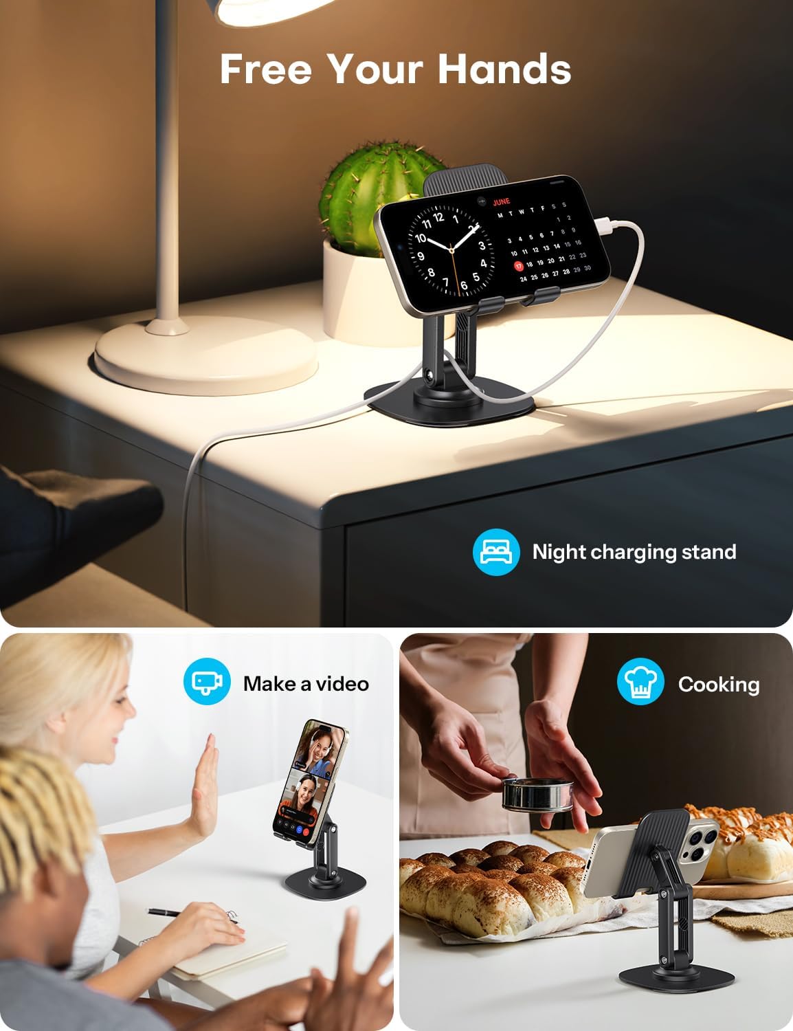 OMOTON Cell Phone Stand for Desk, 2 Pack Adjustable Foldable Phone Holder, 360 Swivel Mobile Stand Fit for iPhone 17 16 15 14 13 Pro Max and All Smart Phones, Black & White