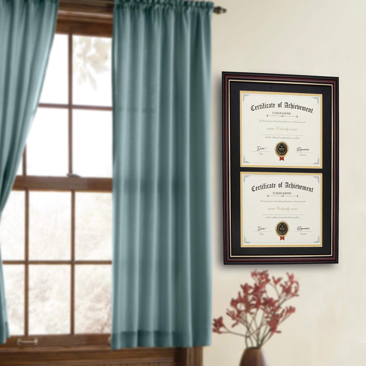 ELSKER&HOME Diploma Frame - Wide Solid Wood Frame - Black Velvet Golden Rim Mat - Semi-Tempered Glass - Includes Hanging Hardware and Desktop Easel(ONLY Display 11×14 Document/Certificate)