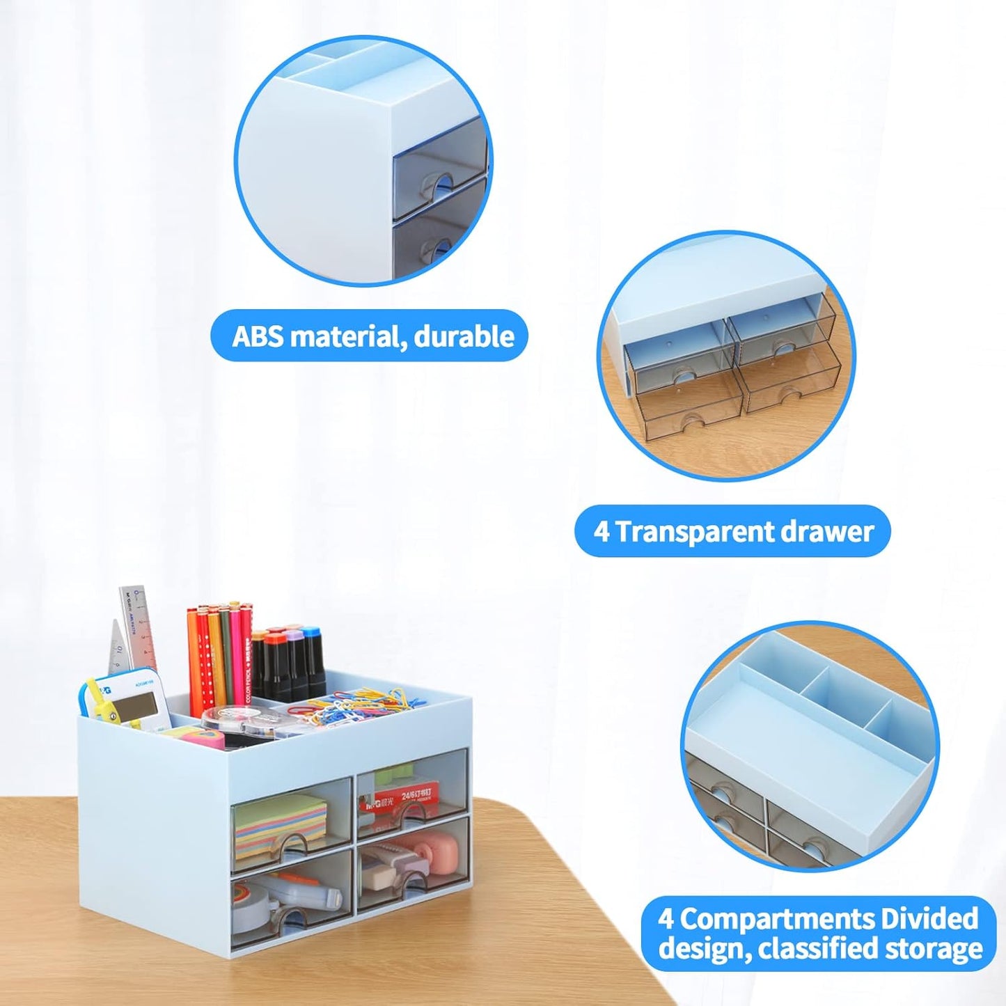 LETURE Desktop Organizer with Drawer, Accessories Stationary Organizer Desk Caddy, Pen/Pencil/Business Card/Sticky Note Tray/Paperclip Holder Storage Box (White)