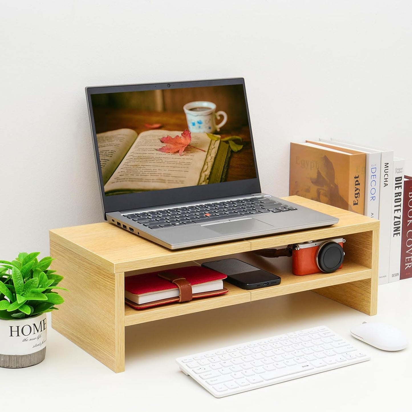 TEAMIX 2 Tiers Wooden Desktop Monitor Stand Riser 20 Inch Printer Stand with Double Storage Small TV Riser Laptop Keyboard Holder Business Desk Organizer Shelf Black Bookshelf