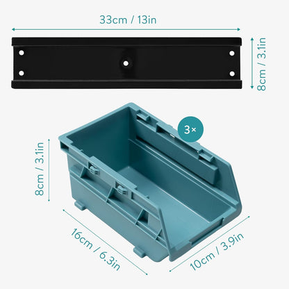 Navaris Storage Bins - Interlocking Plastic Van Boxes - Wall Mounted Compartments for Screws Nails Small Tool Parts - Workshop Garage Drawer Shed Organiser - 12 Bins & 3 Rails