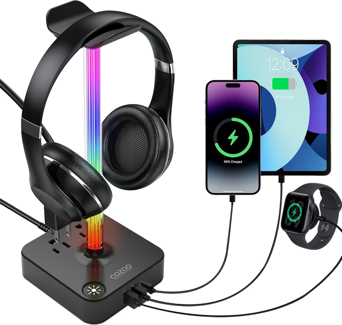 COZOO Headphone Stand with USB Charger Desktop Gaming Headset Holder Hanger with 3 USB Charging Station and 2 Outlets Power Strip,Suitable for Gaming, DJ,Wireless Earphone Display, Gamer Gifts for Men