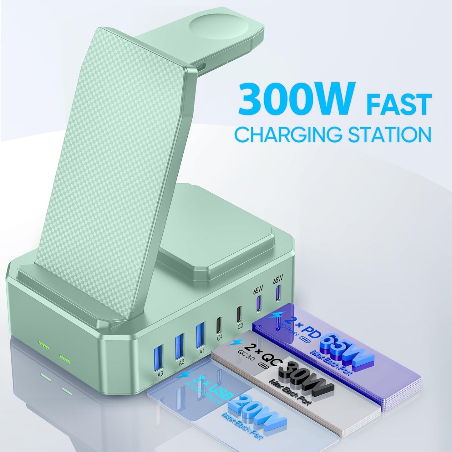 300W Charging Station for Multiple Devices Apple,10 in 1 Wireless Charger for iPhone,GaN III USB C 65W PD Fast Charging Stand Dock for MacBook,iWatch&Airpods (Wireless Charging Only for Apple)