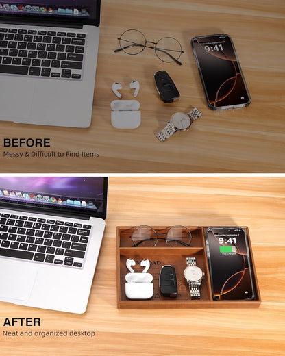 TopMade Wireless Charger Valet Tray, Father's Day Birthday Gifts for Dad, PU Leather Mens Jewelry Box for Iphone Charger, Desk Nightstand Organizer Charging Station Drawer Dresser Organizer(Brown)