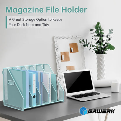 MINDEPOT Desk File Organizer Metal Desk Magazine Folder Holder with 5 Vertical Compartments Rack File Organizer for Office, Home, School, Black