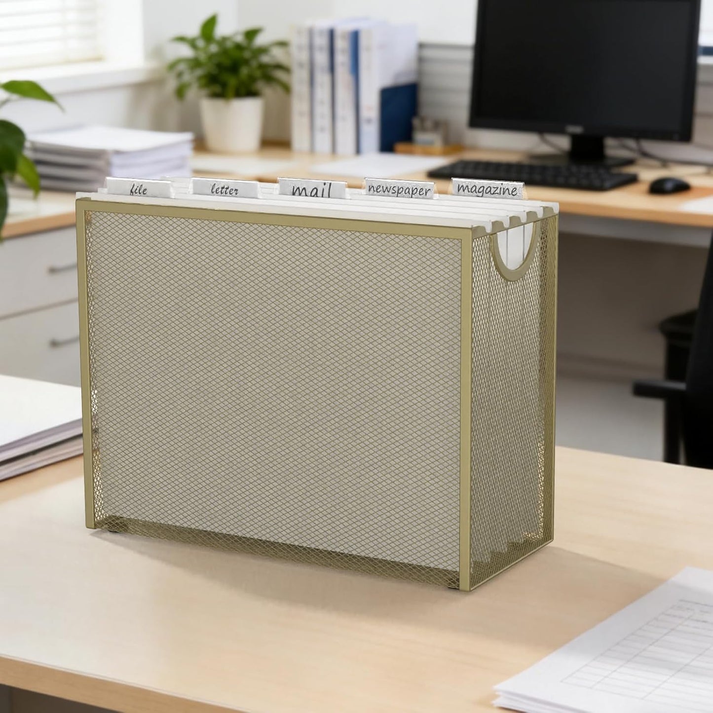 Sinboun Hanging File Organizer Letter-Size File Holder Filing Box Includes 5 Hanging Folders - Metal Mesh Magazine Letter Storage Cabinets File Cart for Office Home School, No Assembly Required