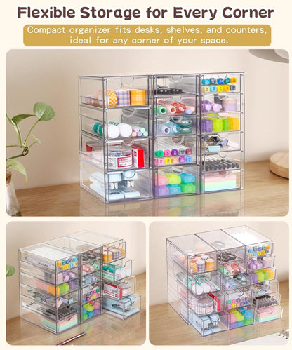 VZKAH Clear Acrylic Organizer with Drawers | 15-Drawer Desktop Unit | Makeup & Desk Organization and Storage Box for Office, Craft, Vanity Table, Bathroom, Home Essentials