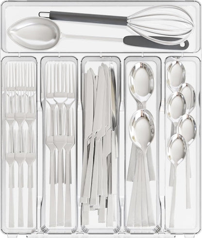 Yieach Clear Small Silverware Organizer 9 inch Wide for Kitchen Drawers,BPA Free Silverware Trays and Plastic Silverware Dividers & Holder,Utensil and Flatware Drawer Organizer Suitable for Fork,Spoon