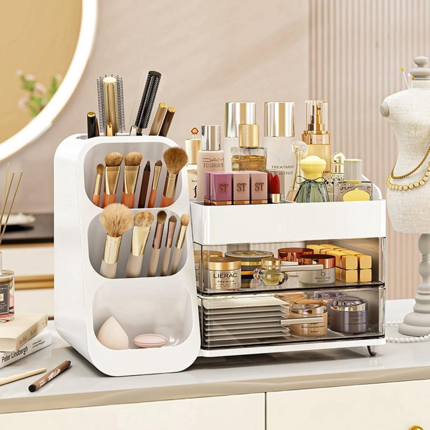 Booklov Makeup Organizer for Vanity, Countertop Cosmetic Display Case with Clear Acrylic Drawers, Bathroom Counter Beauty Caddy, Cute Table Storage Holder for Skincare, Brush Lipsticks, Crystal White