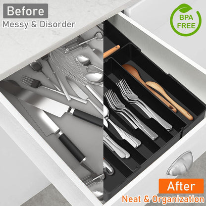 Spaclear Silverware Organizer - Expandable Kitchen Drawer Organizer, Utensil Drawer Organizer, Adjustable Plastic Flatware and Cutlery Holder, Kitchen Organizers Storage for Forks Knives, Black