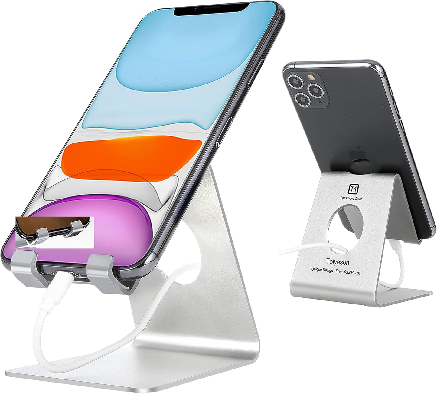 Cell Phone Stand, Desk Phone Holder, Cradle, Dock, Compatible with All 4-8inch Phones, Office Kitchen Traveling Accessories T1 Black