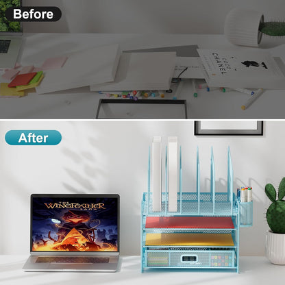 Marbrasse Desk Organizer with Drawer, 4-Tier Mesh File Organizer with 5 Vertical File Holders and 2 Pen Holders, Multifunction Desktop Organizer,Desk Organizers and Accessories for Home Office