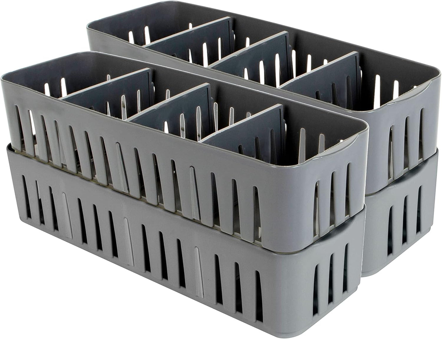 Simplify 4 Compartment Stackable Bin with Adjustable Dividers | Drawer Organizer | Storage Basket | Good for Office | Desk Supplies | Dorm |Bathroom | Accessories | Make Up | Grey