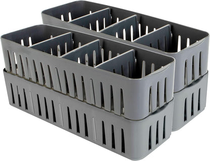 Simplify 4 Compartment Stackable Bin with Adjustable Dividers | Drawer Organizer | Storage Basket | Good for Office | Desk Supplies | Dorm |Bathroom | Accessories | Make Up | Grey
