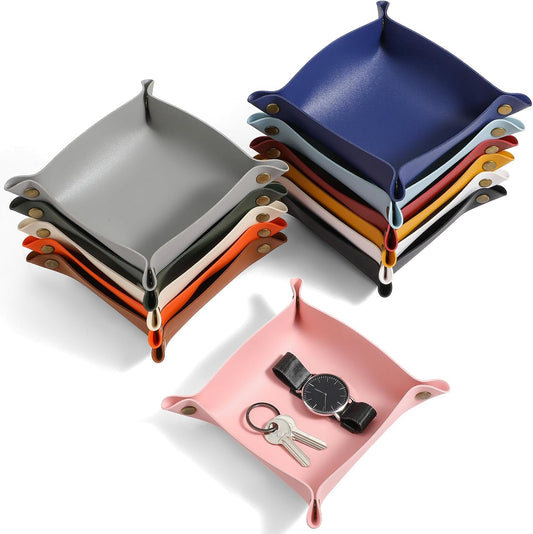 24PCS Valet Tray Bulk, PU Leather Jewelry Tray for Men Women Folding Travel Storage Dish Plate Key Tray Entryway Desk Organizer for Phone, Keys, Glasses, Coin, Wallet, Earphone(12 Colors)