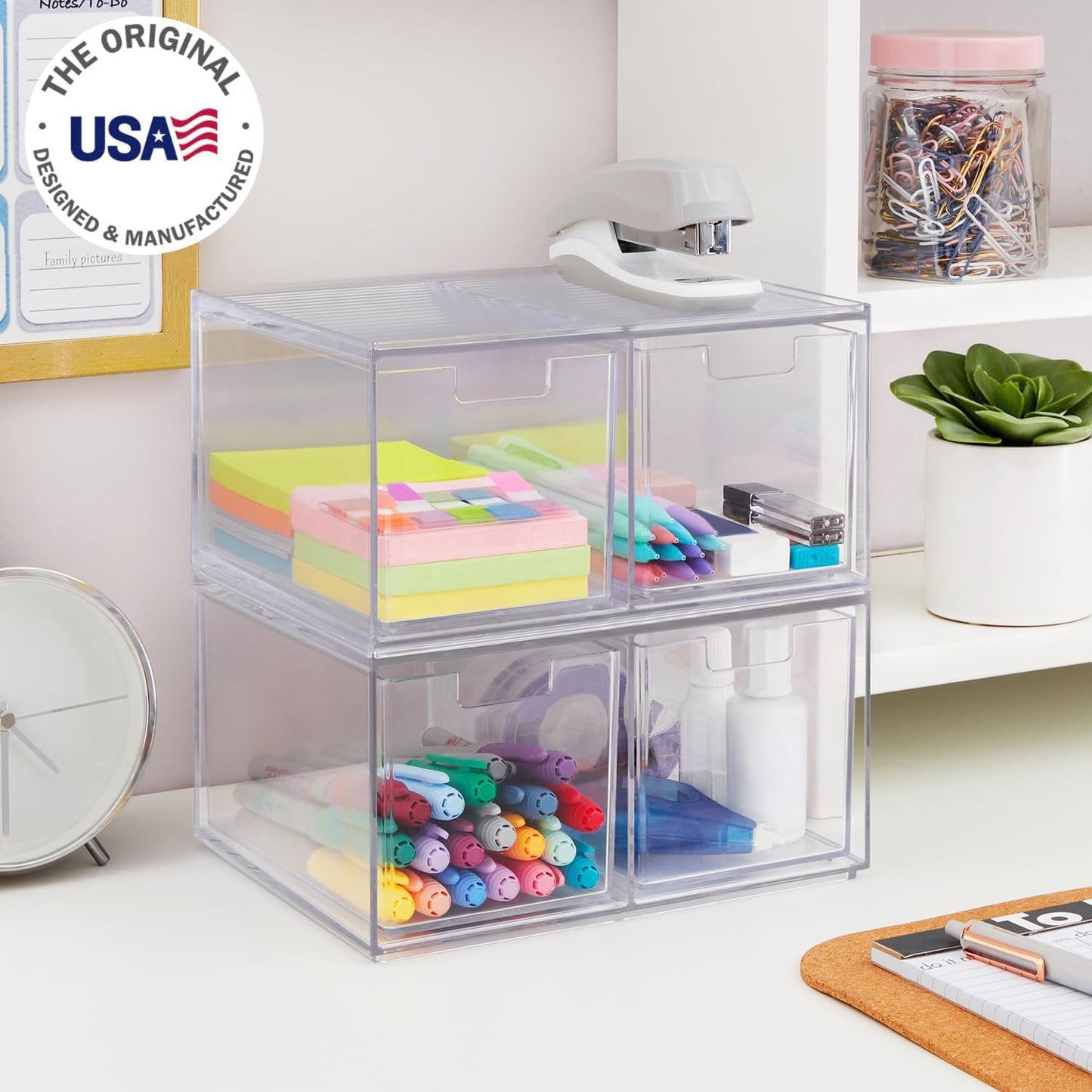 STORi Chloe Space-Saving Clear Drawer Organizer (4 Wide Drawers) Sort Office, Kitchen, Beauty Supplies, Makeup, Pens, Jewelry, Stationary, Made in USA