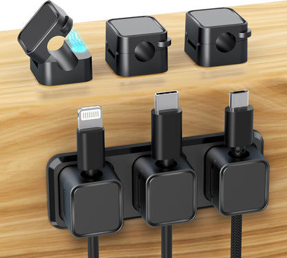 Magnetic Cable Organizer for Desk – Upgraded Wire Clips with Adhesive Base – Desktop Cord Holder for USB, Charging Cables – 6 Clips + 1 Magnetic Base (Black)