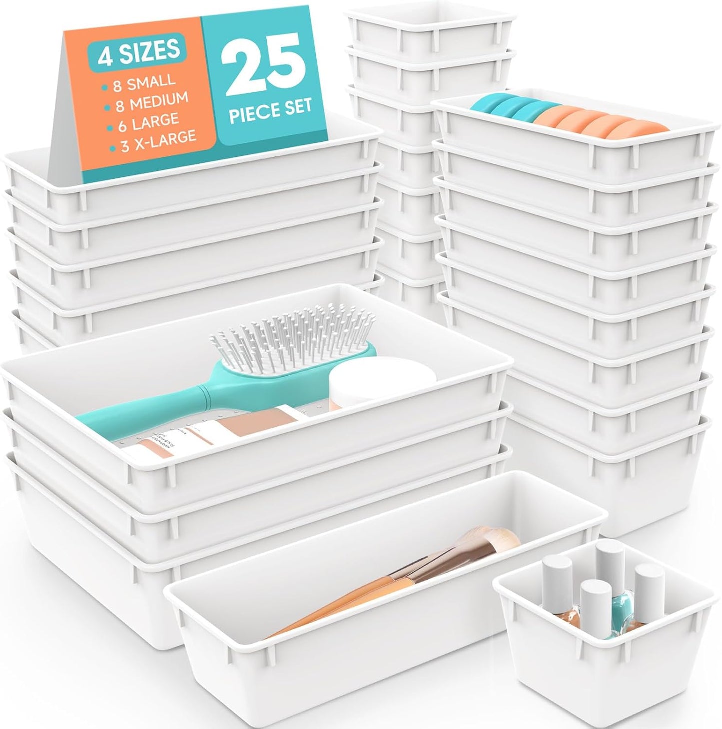 WOWBOX 25 PCS Clear Plastic Drawer Organizer Set, 4 Sizes Desk Drawer Divider Organizers and Storage Bins for Makeup, Jewelry, Gadgets for Kitchen, Bedroom, Bathroom, Office