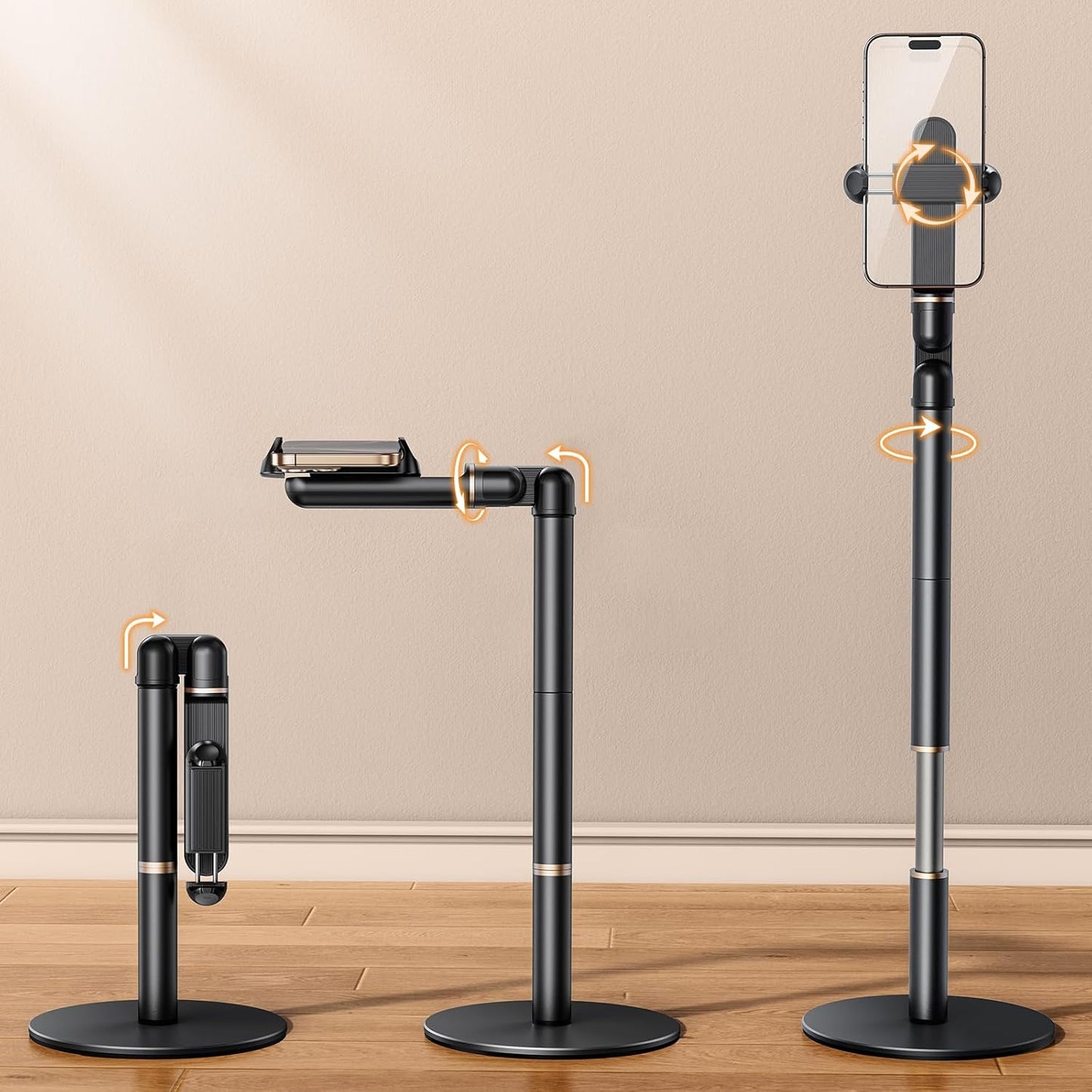Height/Angle Adjustable Phone Holder, 10"-25" Retractable Tall Phone Stand for Desk,720°Rotatable+180flip Phone Holder Stand for Video Calls Kitchen Table Office Etc -Clip Type