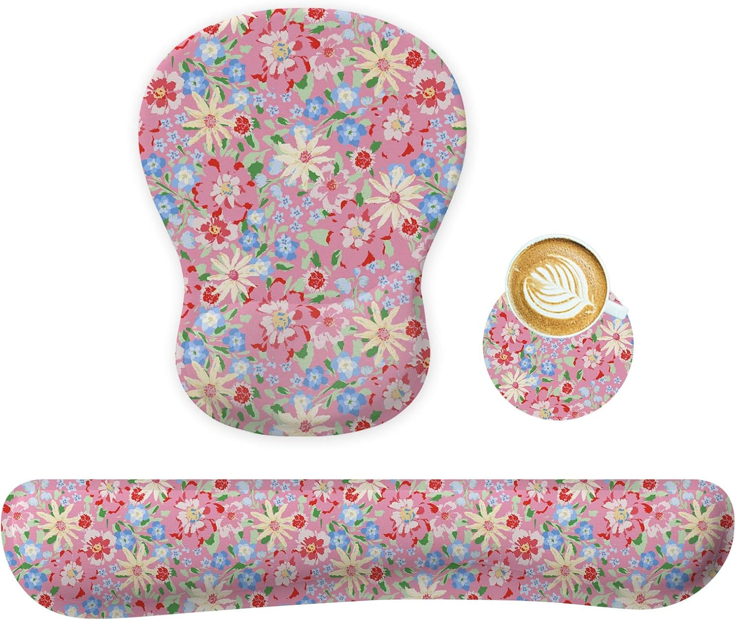 Wrist Rest Support for Mouse Pad Keyboard Set Circle Coaster Gaming Mouse Pad Ergonomic Gel Memory Foam Set for Computer, Laptop, Office, Pain Relief, Comfortably Typing Flowers KM-39