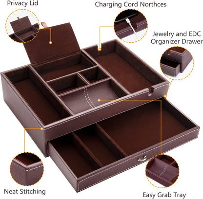 Baoyun Valet Tray for Men, 2 Layers Nightstand Organizers for Men and Women, Leather Jewelry Storage Box, Mens Dresser Top Organizer, Catch All for Jewelry Key Wallet and Phone (Brown)