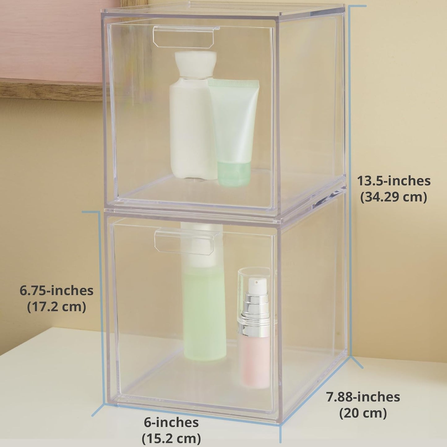 STORi Audrey Stackable Clear Bin Plastic Organizer Drawers | 2 Piece Set | Organize Cosmetics and Beauty Supplies on a Vanity | Made in USA