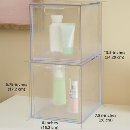 STORi Audrey Stackable Clear Bin Plastic Organizer Drawers | 2 Piece Set | Organize Cosmetics and Beauty Supplies on a Vanity | Made in USA