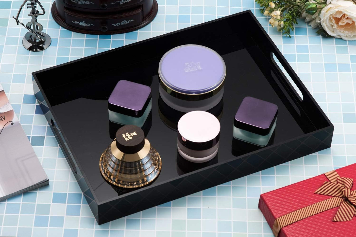 KEVLANG Clear Sturdy Acrylic Serving Tray with Handles-12x16Inch-Serving Coffee,Appetizer,Breakfast,Butler-Kitchen Countertop -Makeup Drawer Organizer-Vanity Table -Ottoman
