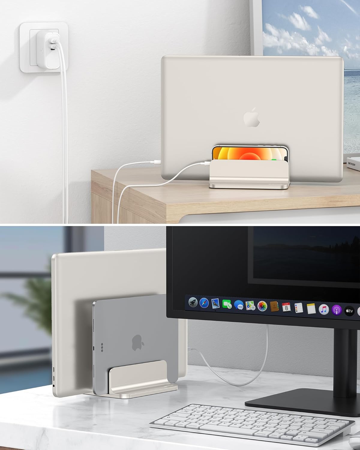 OMOTON Vertical Laptop Stand [Updated 3-Slots Version], Desktop Aluminum Mac Book Stand with Adjustable Dock Size, Fits All Mac Book, Chrome Book and Gaming Laptops (Up to 17.3 inch), Starlight
