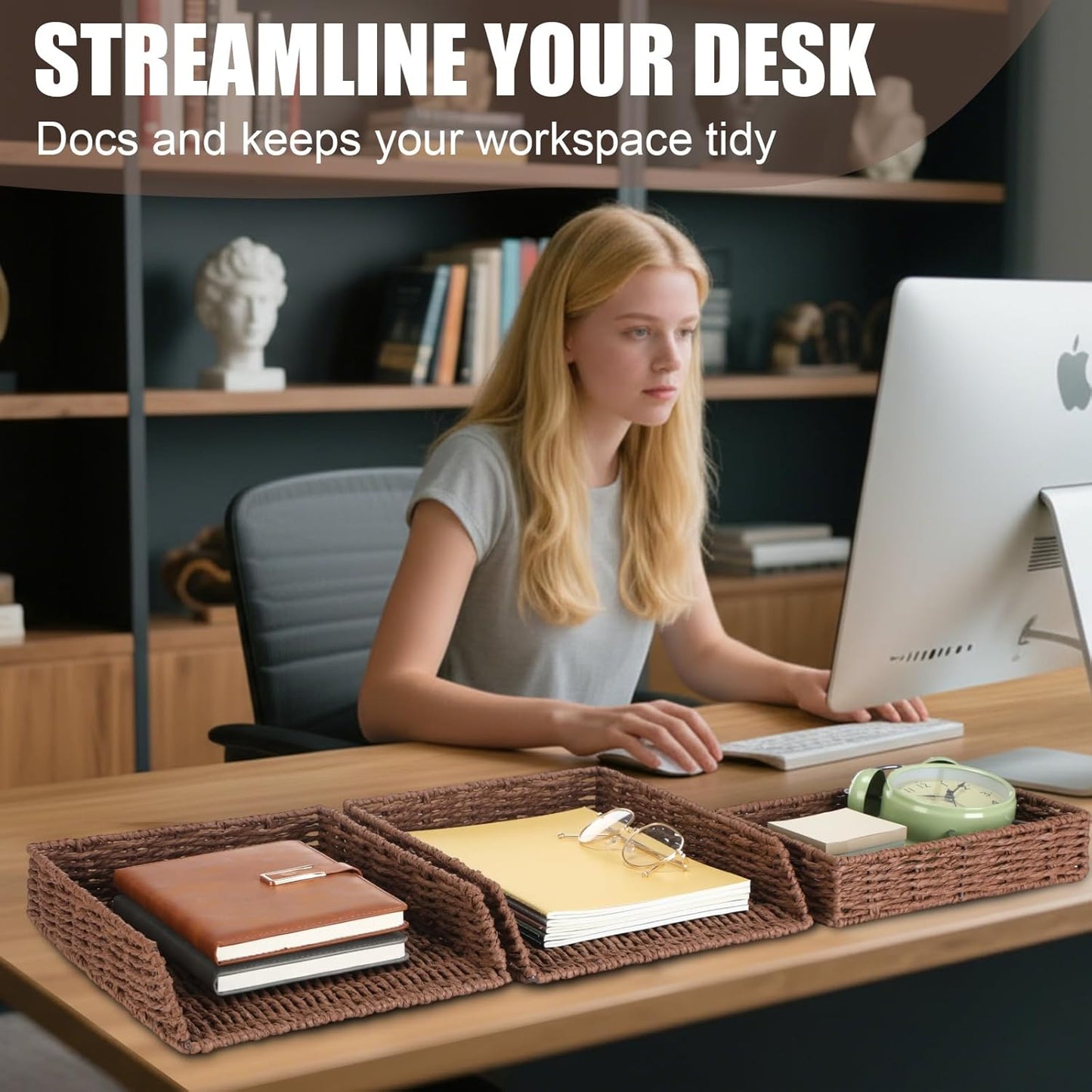 Geelin 3 Pack Water Hyacinth Woven Stackable Desk Organizer Letter Tray, Brown Tabletop Desk Basket for Storage Paper Letter Folders Notebooks Copy Print, Workspace Holder