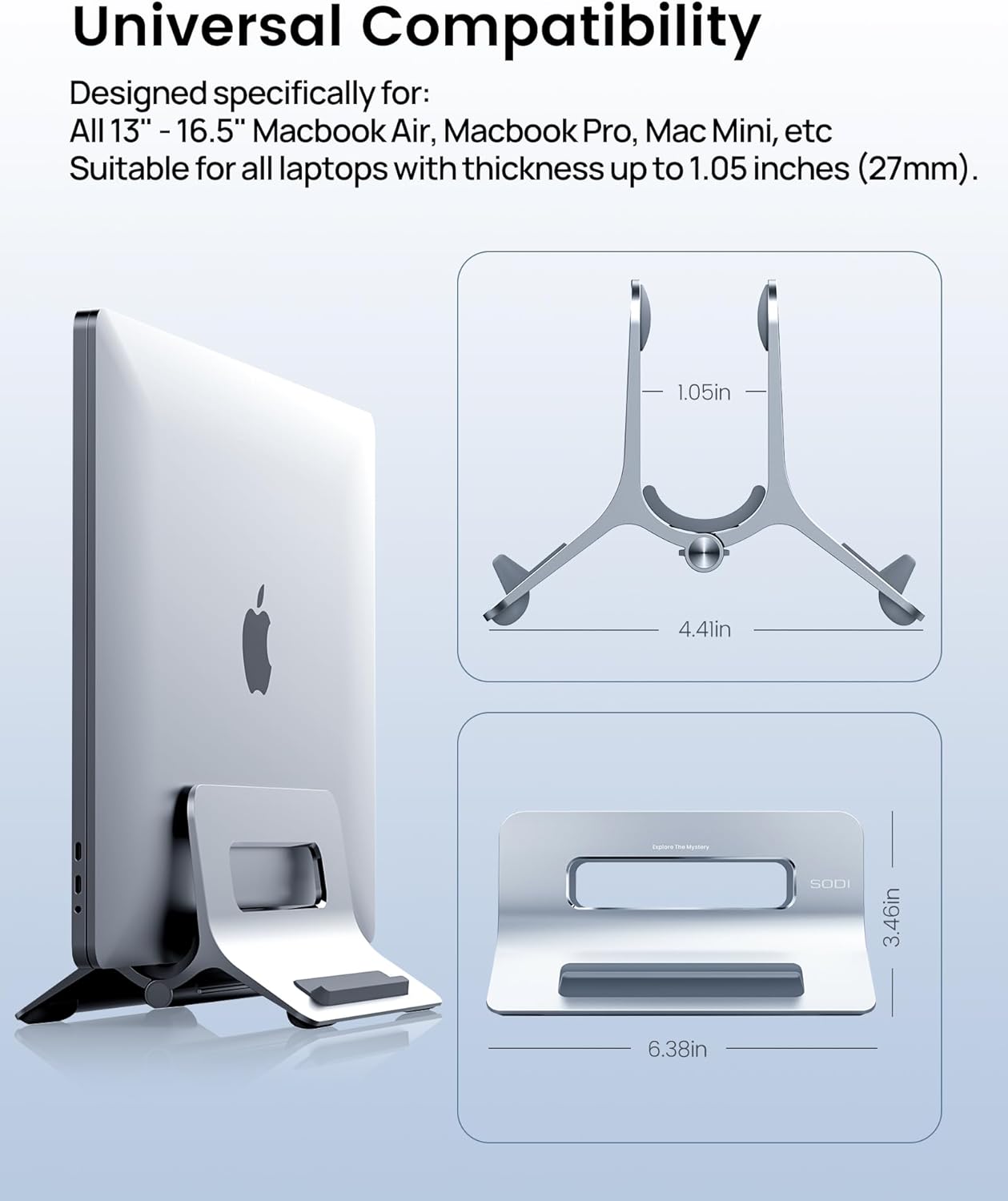 SODI Vertical Laptop Stand for Desk, Gravity Auto Lock MacBook Stand, Aluminum Laptop Holder Vertical Compatible with MacBook Pro, Air, Tablet, Space-Saving Organize Work & Home Office, Gray